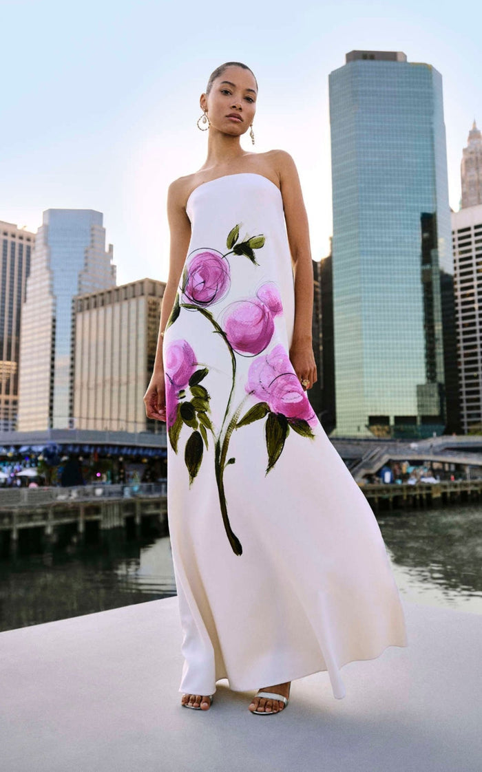 Oscar de la Renta painted roses strapless wool gown trapeze silhouette