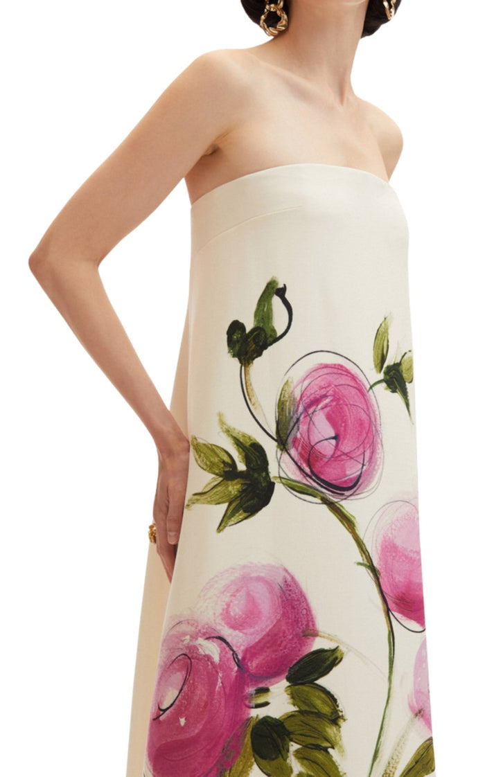 Oscar de la Renta painted roses strapless wool gown trapeze silhouette