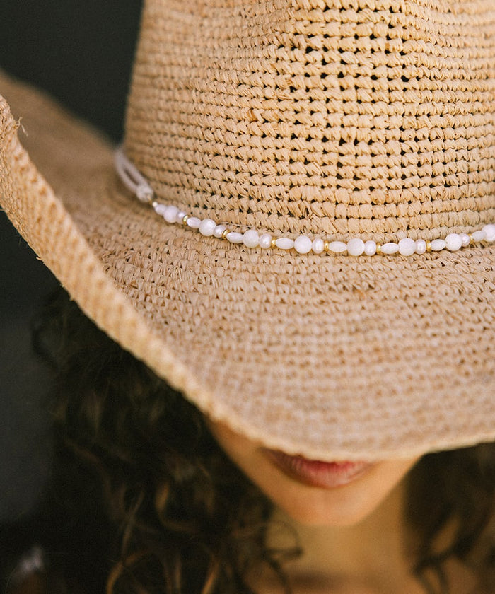 Close-up of a straw hat with a pearl band on a blurred background #color_white