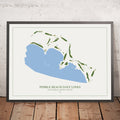 A framed image of Pebble Beach Golf Links in the style of a simple and modern golf course map