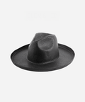 A black pencil brim straw hat on a plain background #color_black