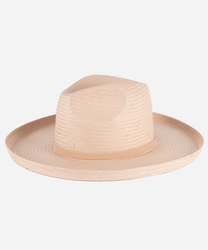 A light pink pencil brim straw fedora hat on a white background #color_limited edition light pink