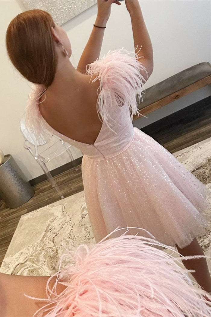 Pink Sequin-Embroidery V-Neck A-Line Homecoming Dress with Feathers