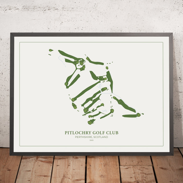 A framed image of Pitlochry Golf Club in the style of a simple and modern golf course map