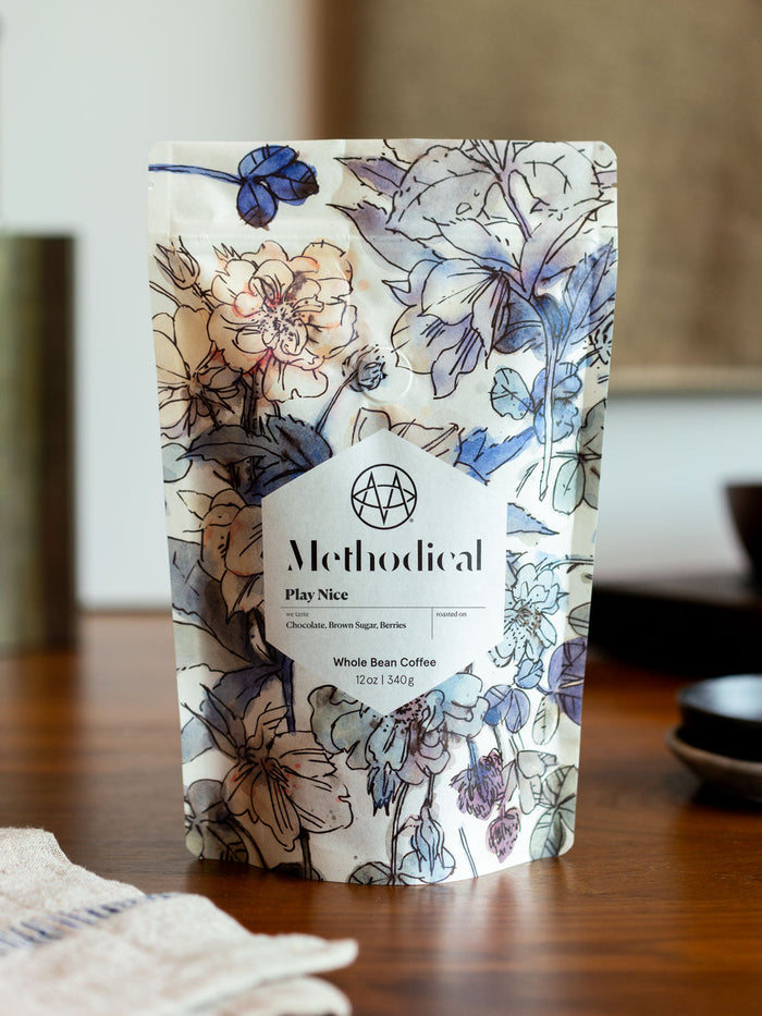 Play Nice whole bean coffee bag by Methodical Coffee with blue floral packaging.
