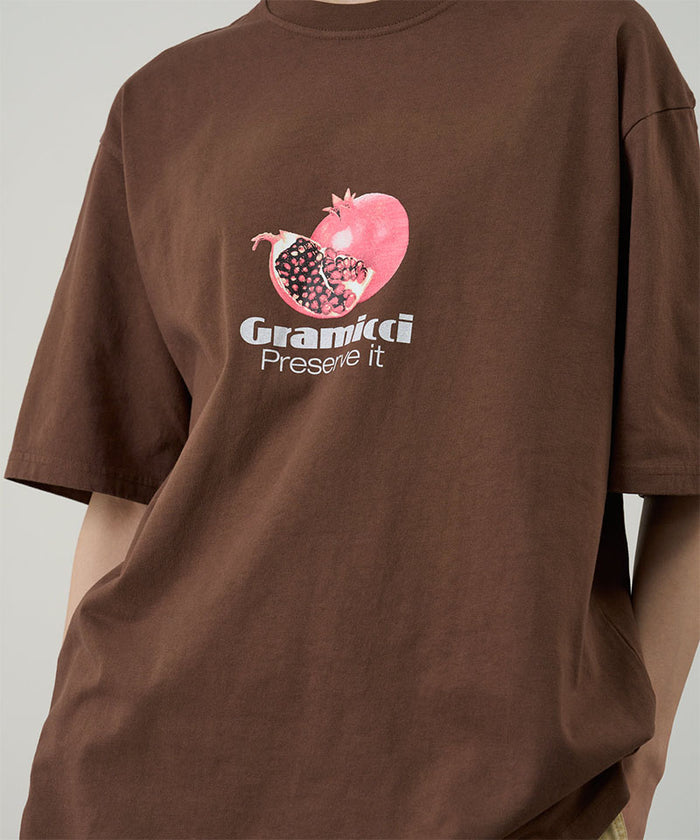 Model wearing a Gramicci brown Pomegranate Tee with a graphic against a light tone background.