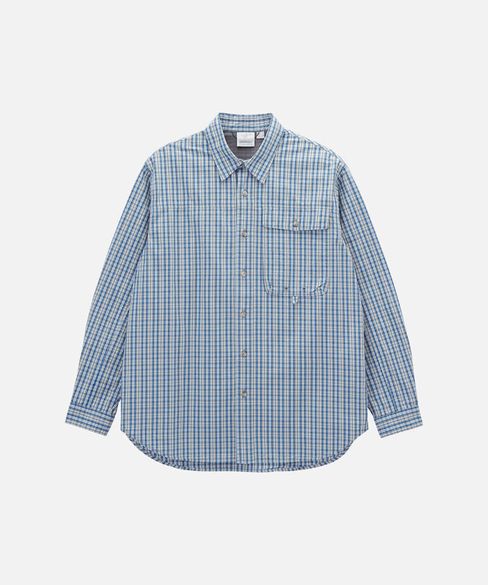 Gramicci blue plaid Poplin Millwood Shirt against a light-tone background.