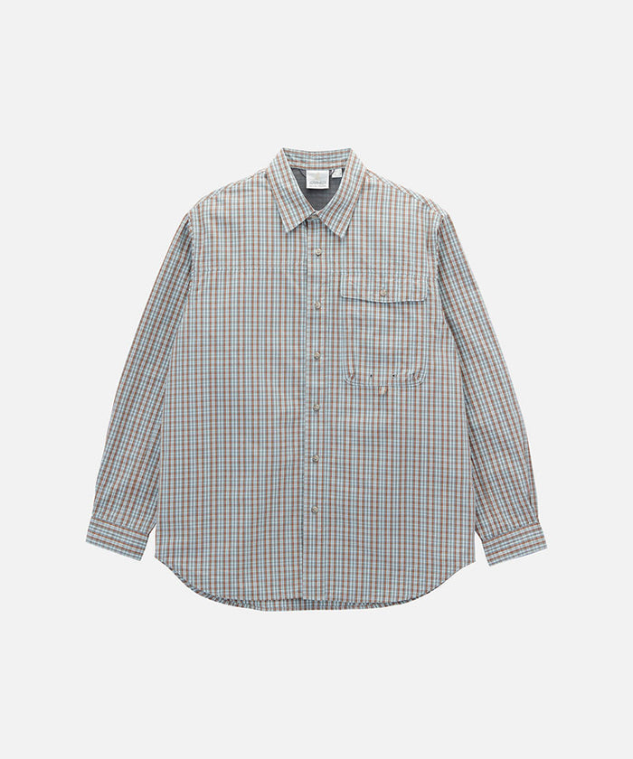 Gramicci brown plaid Poplin Millwood Shirt against a light-tone background.