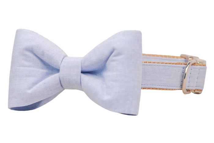 Powder Blue Linen Bow Tie Dog Collar - Crew LaLa