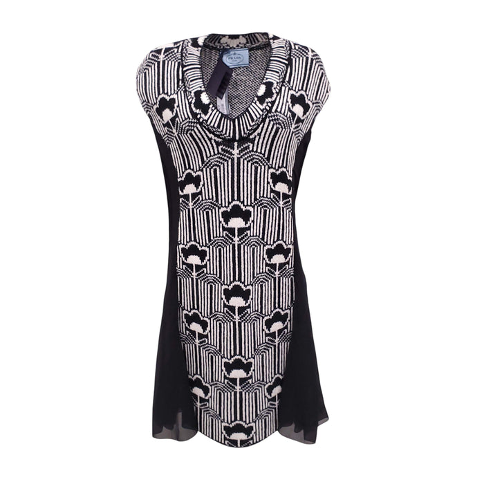 PRADA BLACK AND WHITE FLORAL RUNWAY DRESS - SIZE 38