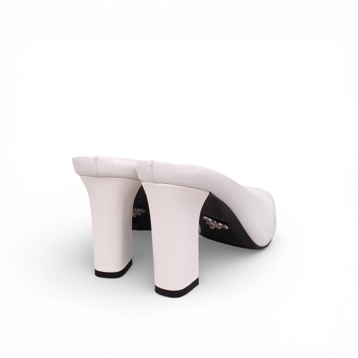 PRADA WHITE HEELED MULES WITH GOLD LOGO - SIZE 40