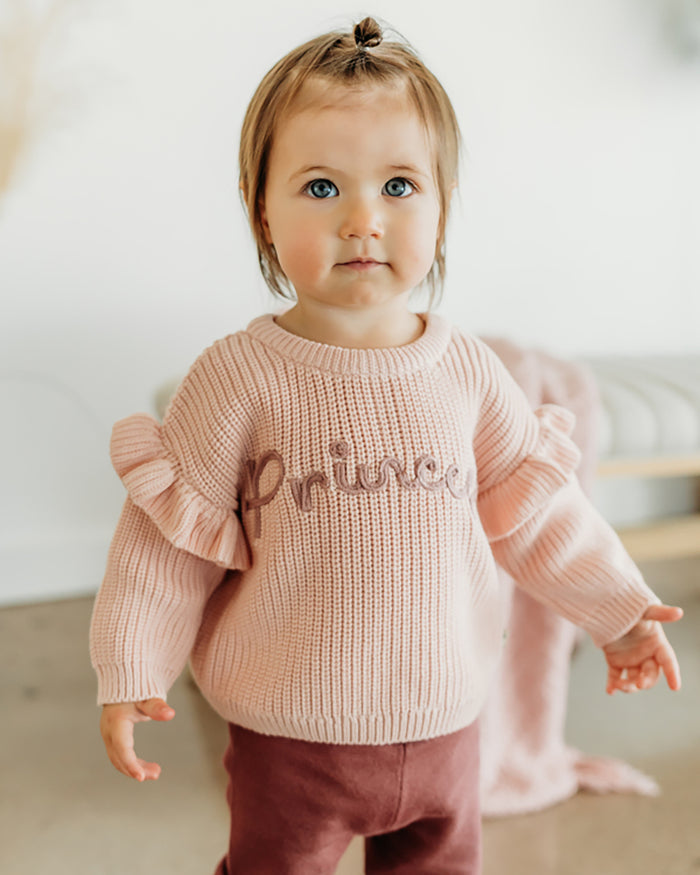 Princess Embroidered Slouchy Sweater Knit Baby Pullover (Organic Cotton)