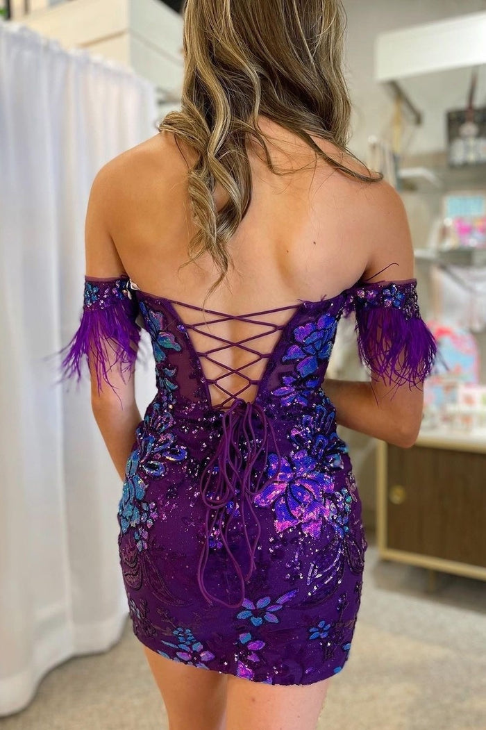 Purple Off-the-Shoulder Bodycon Cocktail Dress with Sequin Appliques