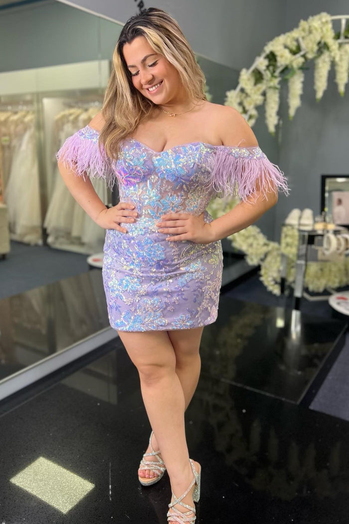 Purple Off-the-Shoulder Bodycon Cocktail Dress with Sequin Appliques