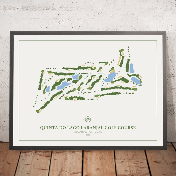 A framed image of Quinta do Lago Laranjal Golf Course in the style of a simple and modern golf course map