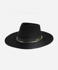 A black wide brim fedora hat with a gold chain detail around the base of the crown on a plain background #color_black