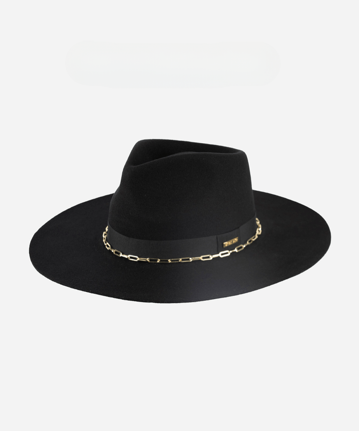 A black wide brim fedora hat with a gold chain detail around the base of the crown on a plain background #color_black