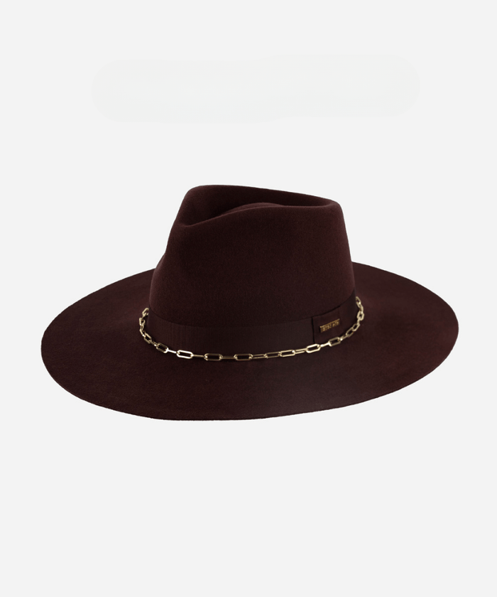 A dark cherry colored wide brim fedora hat with a gold chain detail around the base of the crown on a plain background #color_dark cherry