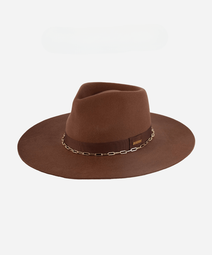 A dark oak colored wide brim fedora hat with a gold chain detail around the base of the crown on a white background #color_dark oak