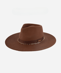 A dark oak colored wide brim fedora hat with a gold chain detail around the base of the crown on a white background #color_dark oak