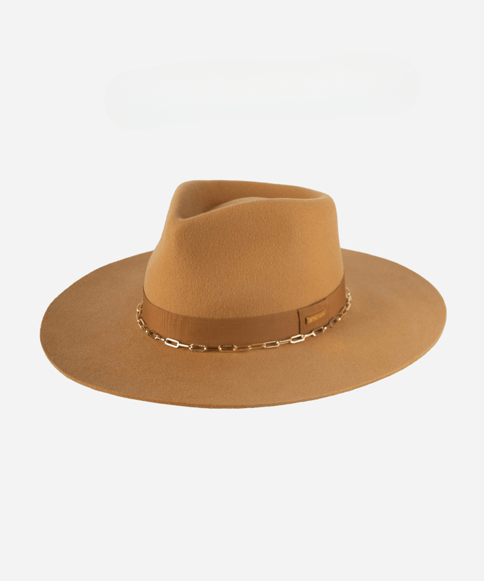 A honeycomb colored wide brim fedora hat with a band and a chain on a plain background #color_honeycomb