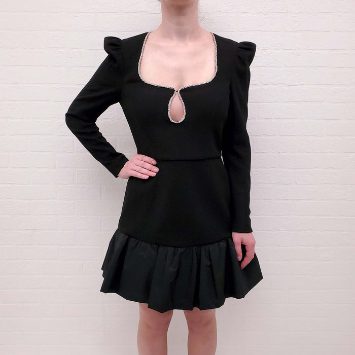 REBECCA VALLANCE BLACK LONG SLEEVE MINI DRESS WITH CRYSTAL NECKLINE - SIZE 10 AU/6 US