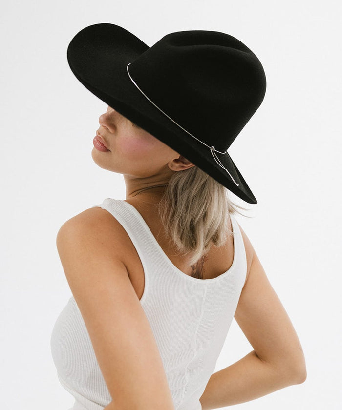 Woman wearing a black wide brim hat with a hat band and a white top, posing sideways against a plain background #color_black
