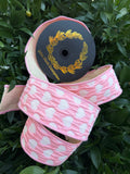 REVERSE SIDE HEART JACQ/DUPION FUSED 2.5"x10YD PINK/WHITE HEAVY WIRED RIBBON