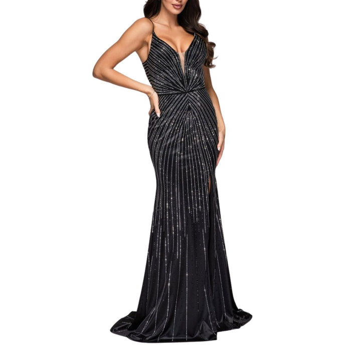 Cult Moda Black Formal Dress with Rhinestone V - Plunge Mermaid Slit - Runway Catalog
