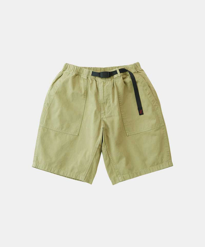 Faded olive Gramicci Ridge Short with a belt against a light-tone background.