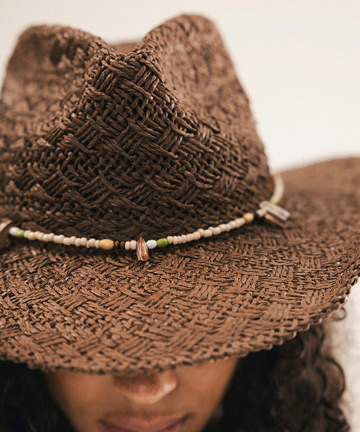 Close-up of a brown straw hat with a decorative band #color_chocolate