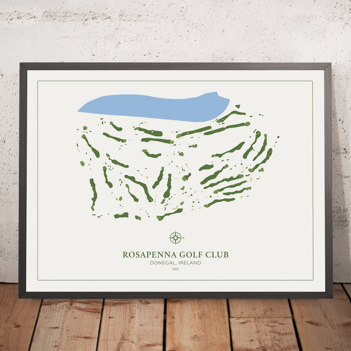 A framed image of Rosapenna Golf Club in the style of a simple and modern golf course map