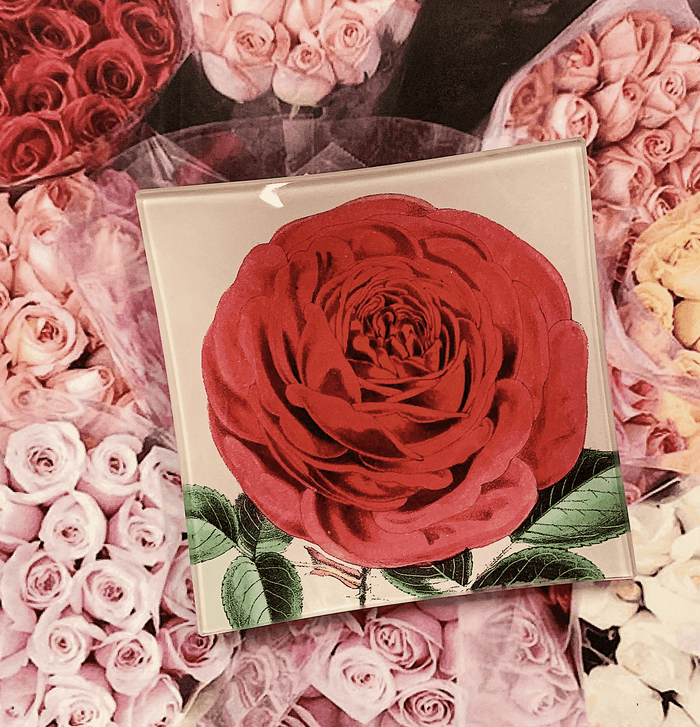Rose Flower With Green Stem Decoupage Glass Tray - Ben's Garden