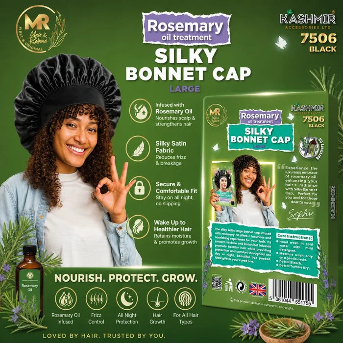 Rosemary Oil Infused Satin Bonnet - Hair Treatment Cap - 7504 Black