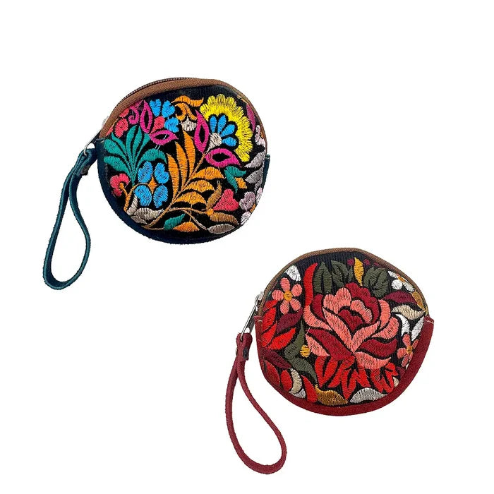 Round Embroidered Floral Coin Purse