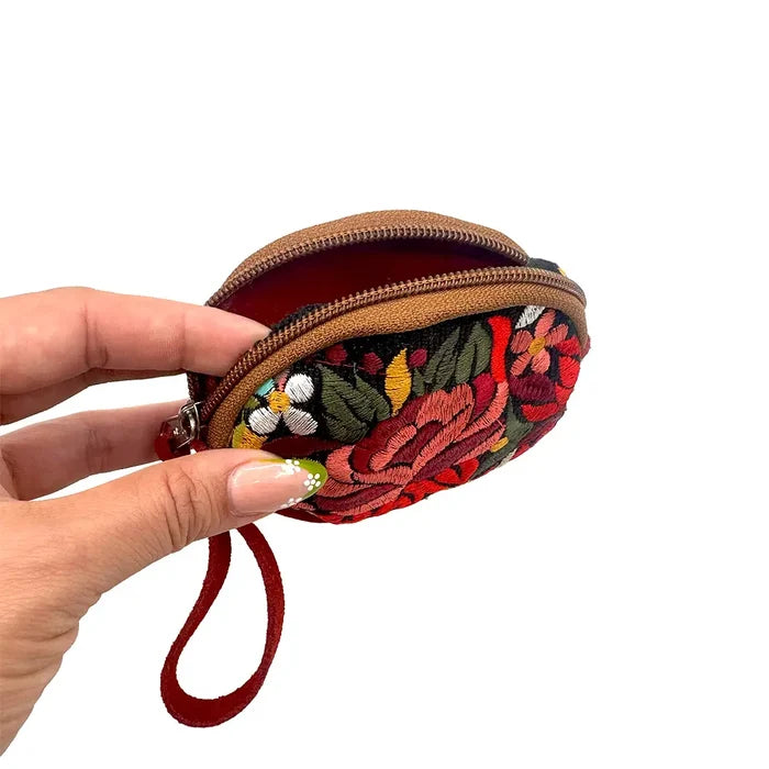 Round Embroidered Floral Coin Purse