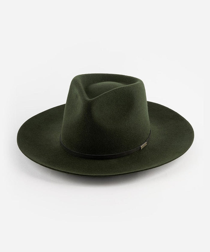 A dark green Rowan Wide Brim Fedora hat with an attached leather band on a white background. #color_dark green