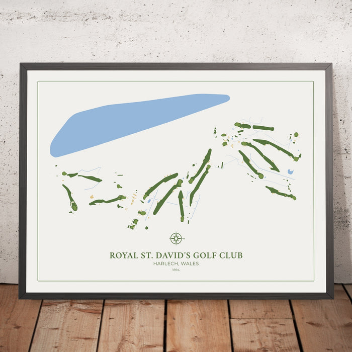 A framed image of Royal St. David's Golf Club in the style of a simple and modern golf course map