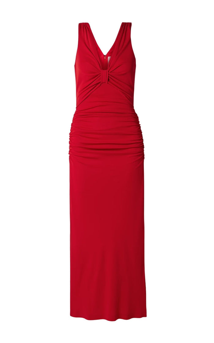 Carolina Herrera ruched stretch-jersey maxi dress in Herrera Red with V-neckline