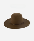 An olive colored open crown hat with a hat band on a white background #color_olive