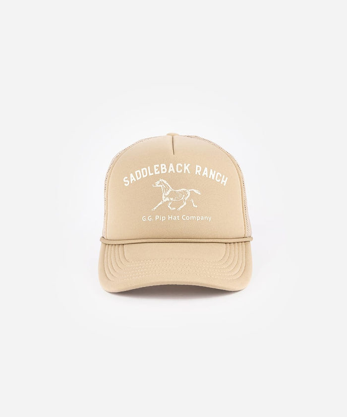 Beige cap with 'Saddleback Ranch' and horse logo on a white background #color_tan