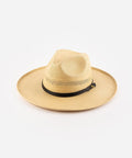 A natural colored straw fedora hat with a hat band on a white background #color_natural