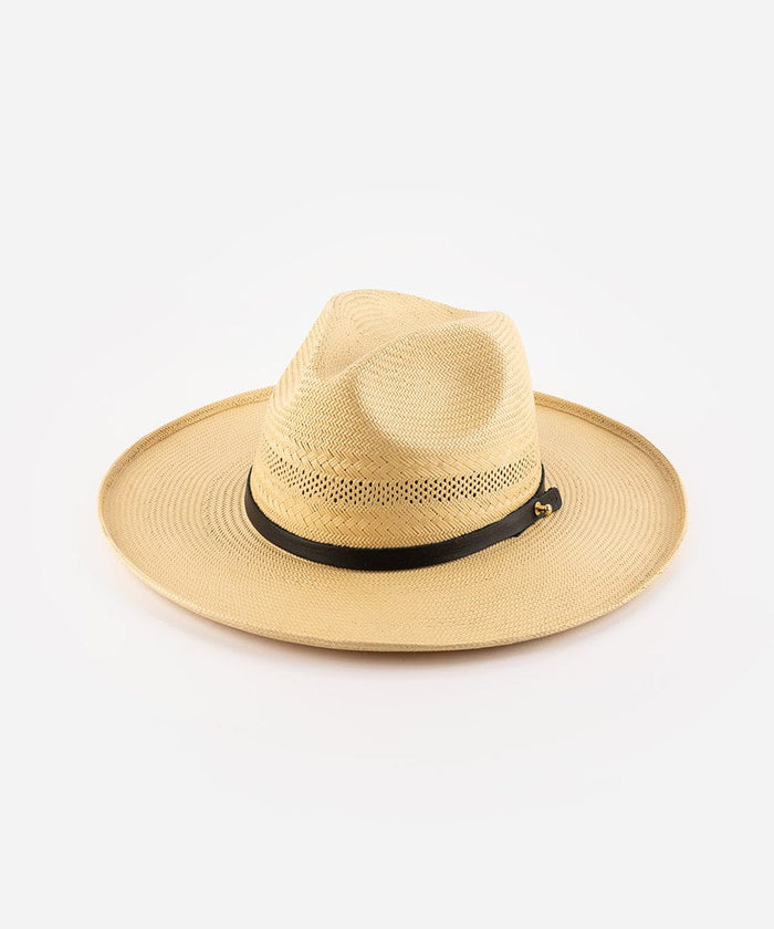 A natural colored straw fedora hat with a hat band on a white background #color_natural