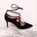 SALVATORE FERRAGAMO SUEDE HEELS WITH GOLD LOGO DETAIL - SIZE 6