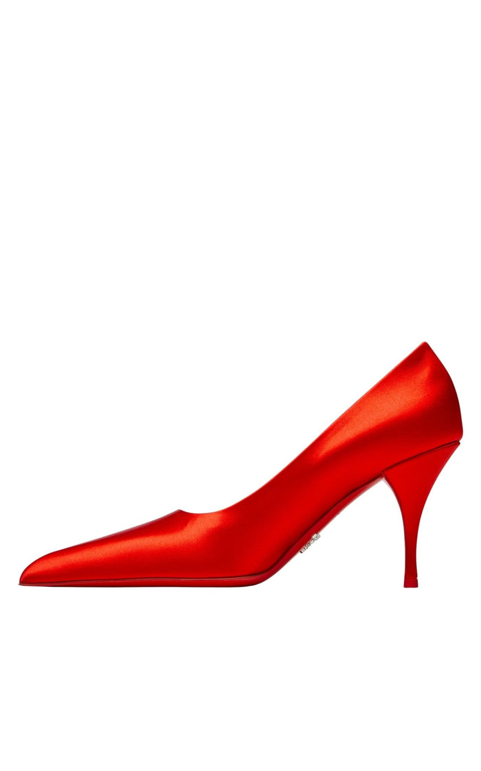 Back view of Prada satin heels with logo-stamped leather footbed side