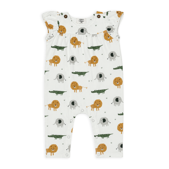 Front of savannah wrap neck baby girl jumpsuit made of organic jersey