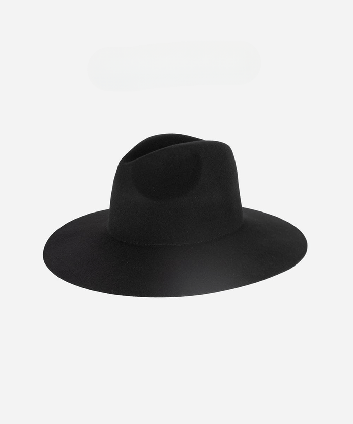A black wide brim fedora hat on a white background #color_black