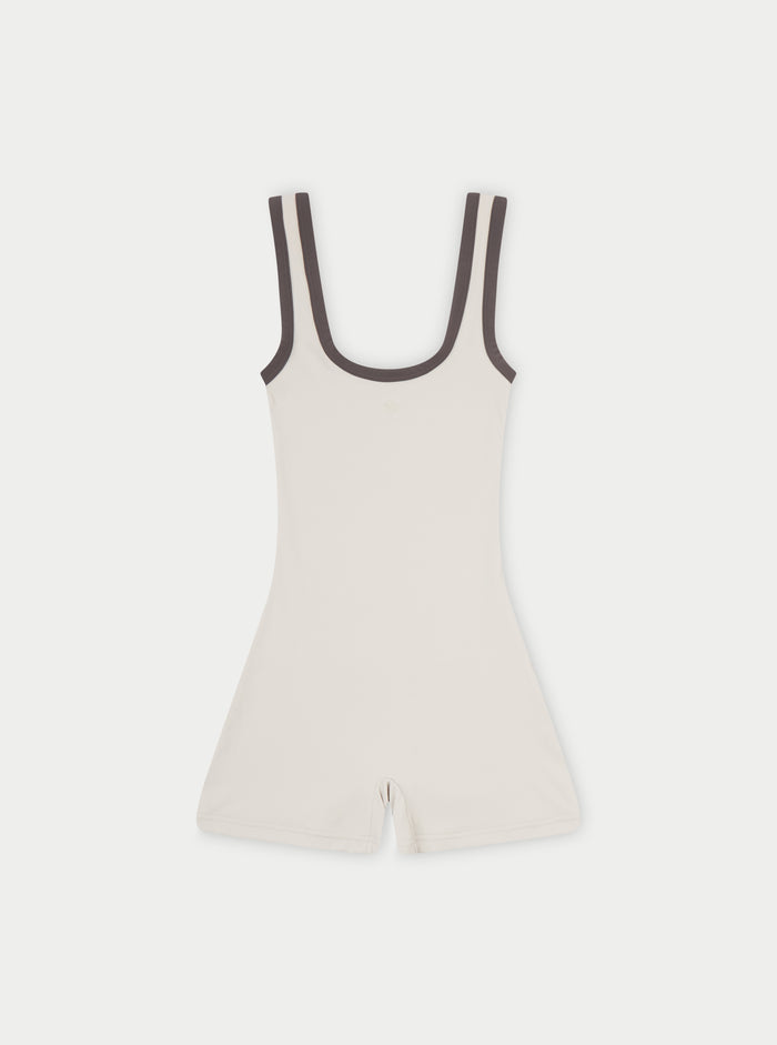 SCULPTING STRETCH EMBLEM CONTRAST PIPING UNITARD - OFF WHITE