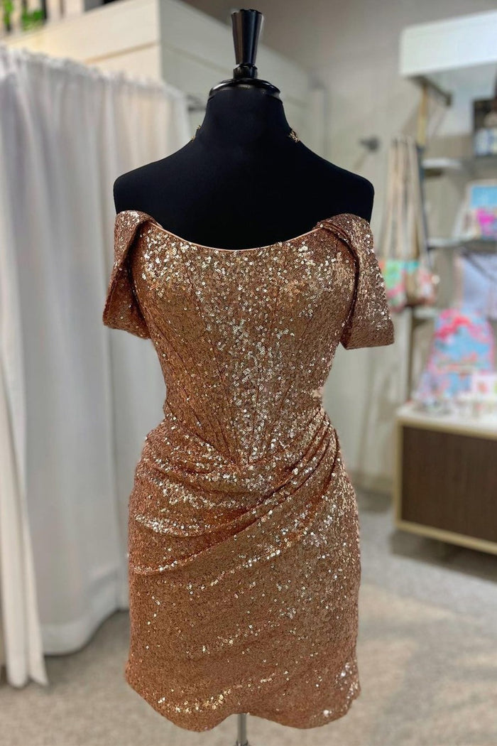 Sequin Off-the-Shoulder Ruched Cocktail Dress