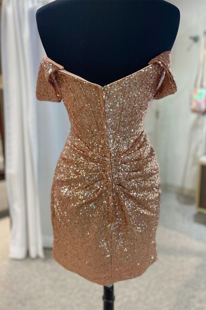 Sequin Off-the-Shoulder Ruched Cocktail Dress